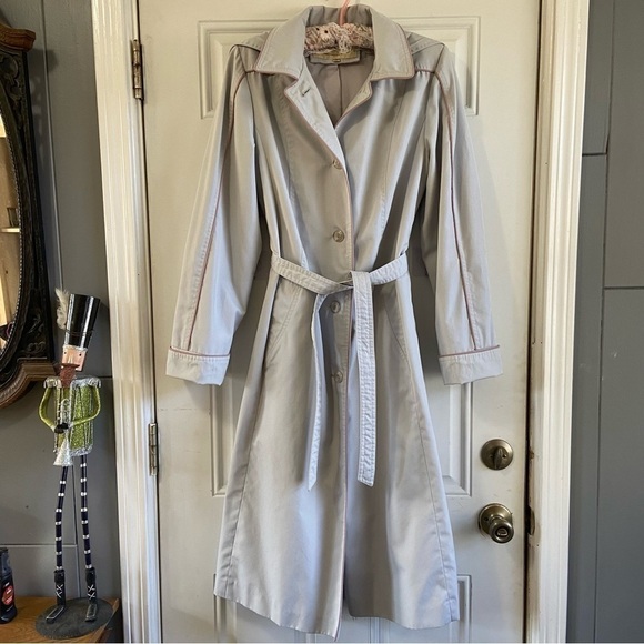 Vintage Freddi Gail Trench Coat Waist Tie Hooded Lined Blue Purple Trim Size 9 - Picture 2 of 10